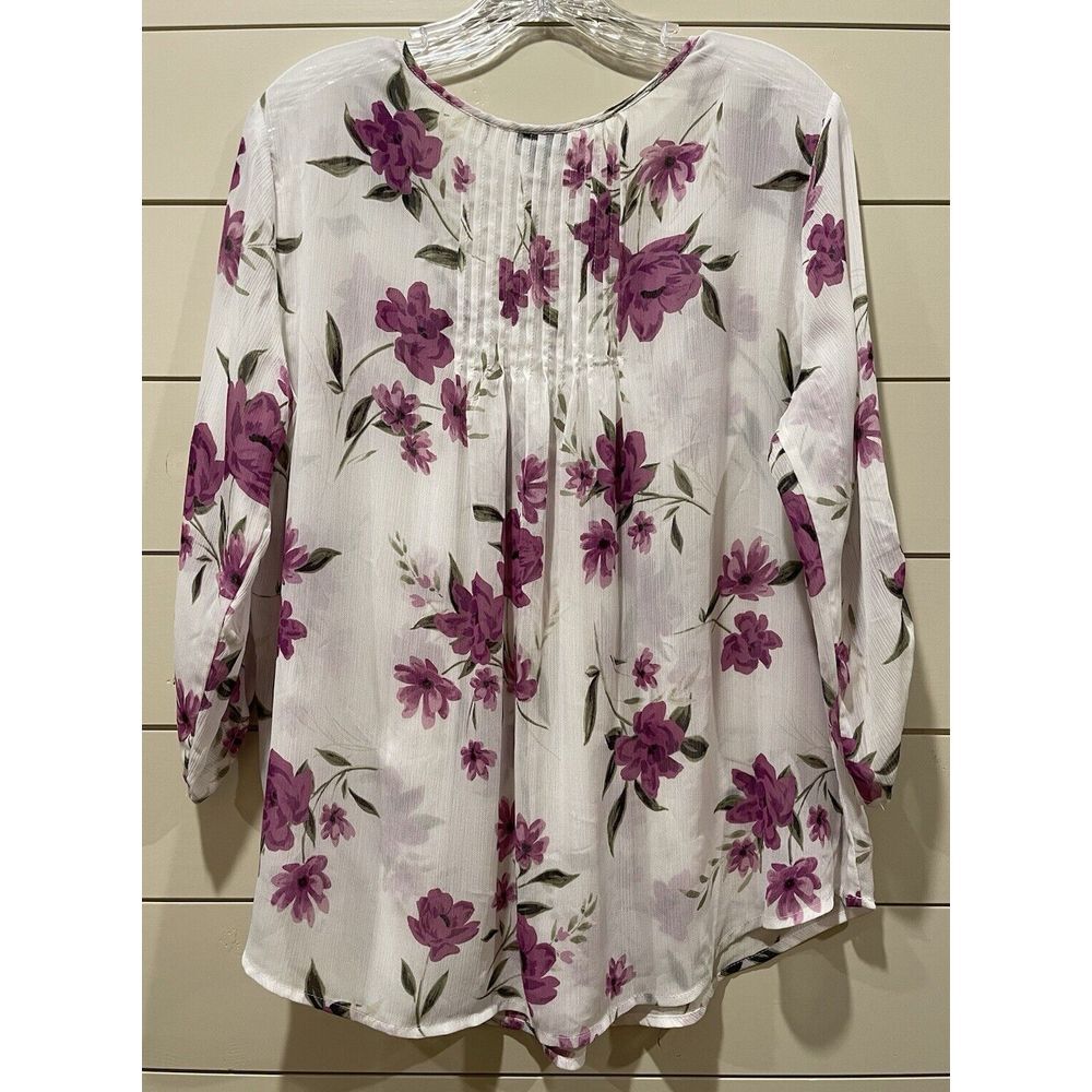 Torrid Floral Chiffon Blouse Pintuck Detail Ruched 3/4 Sleeve Flowy Women's M/L - Picture 4 of 10